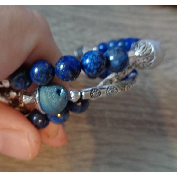 Agate Druzy, Lapis Lazuli Wrap Cuff moon dangle - Picture 4 of 8